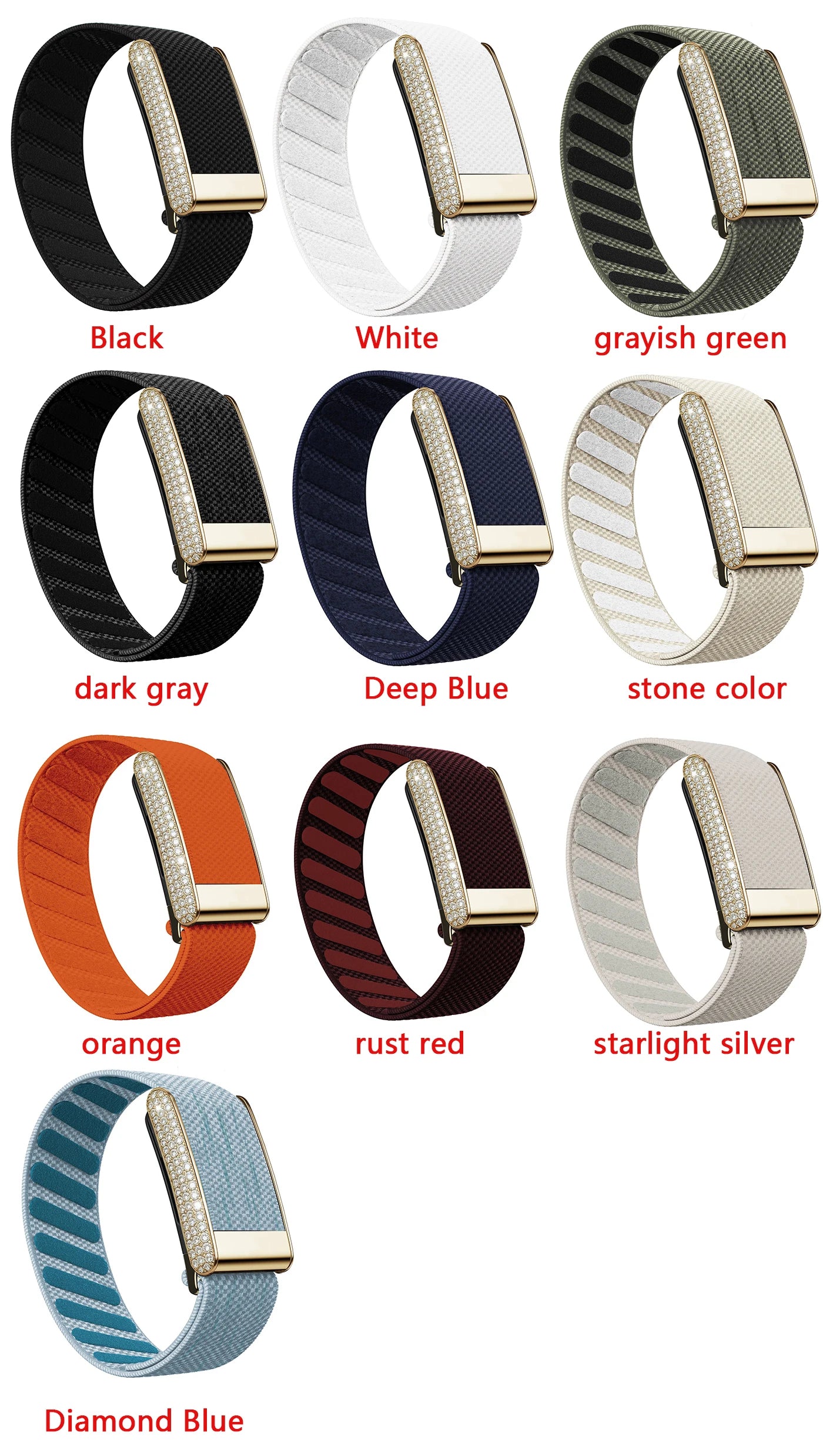 Diamond-Embedded For Whop5.0 Straps Nylon Woven Elastic Shiny Wristband with Full-Diamond Bright Gold Metal U-Frame Band