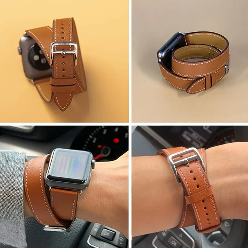 Double Tour Strap for Apple watch band 45mm 41mm 44mm/40mm 42mm/38mm 49mm Leather bracelet iWatch series 5 3 se 6 7 8 9 ultra 2
