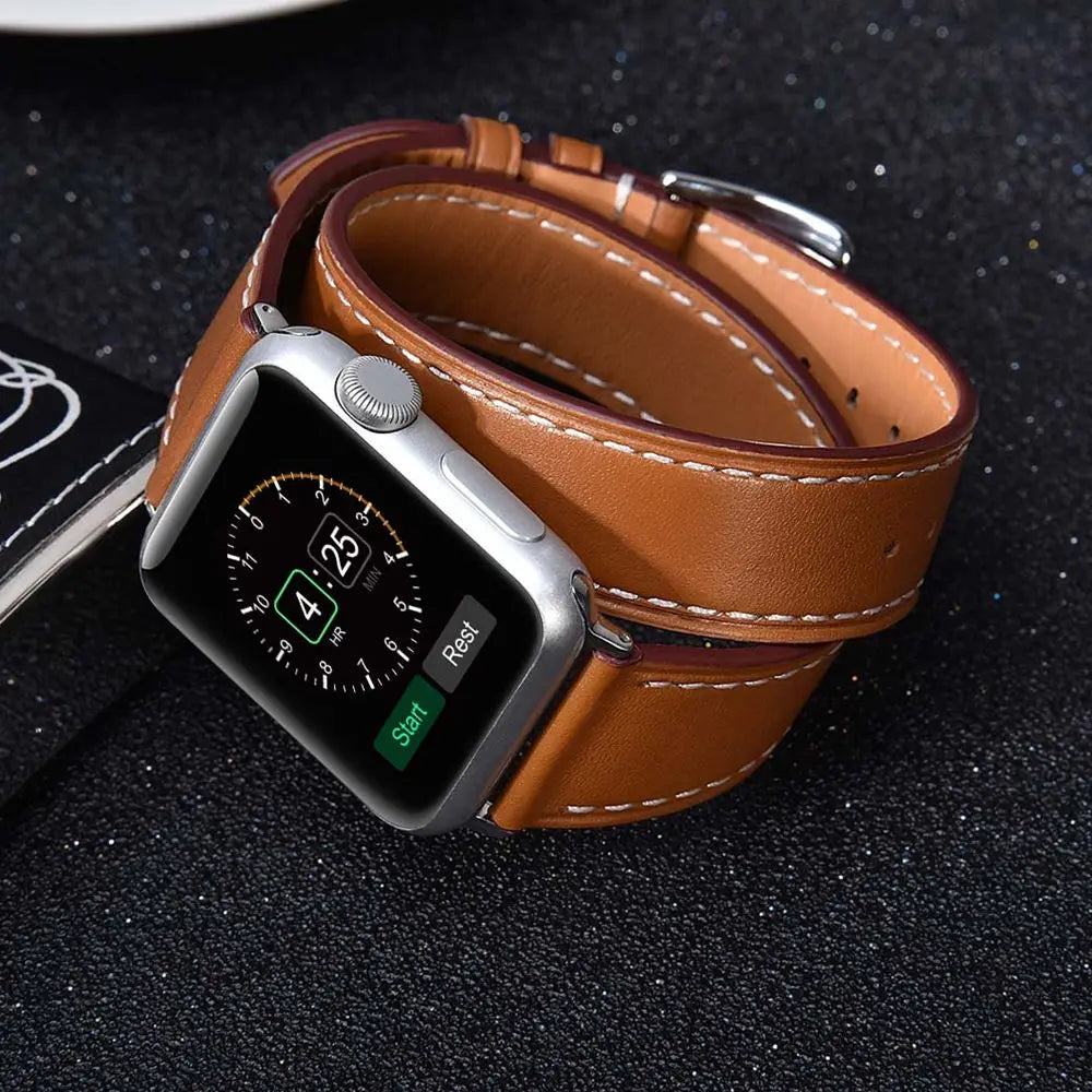 Double Tour Strap for Apple watch band 45mm 41mm 44mm/40mm 42mm/38mm 49mm Leather bracelet iWatch series 5 3 se 6 7 8 9 ultra 2